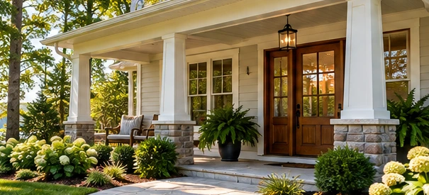 Welcoming Southern home with an inviting porch and landscaped entrance